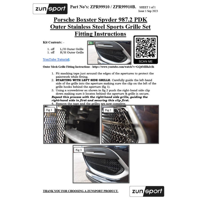 Porsche Boxster Spyder 987.2 Pdk - Front Grille Set - Zunsport