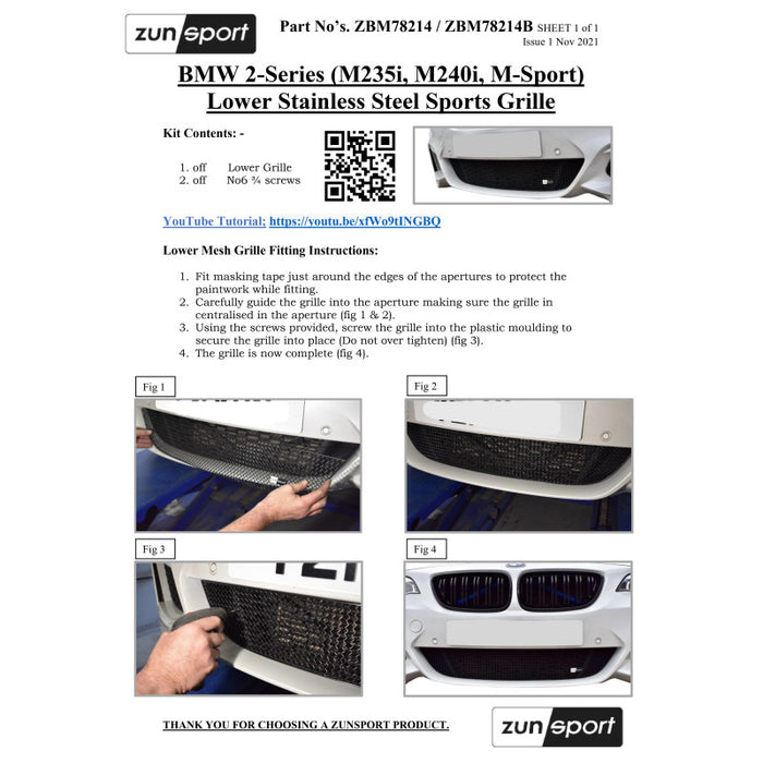 BMW 2-Series (M235I,M240I,M-Sport) - Lower Grille - Zunsport