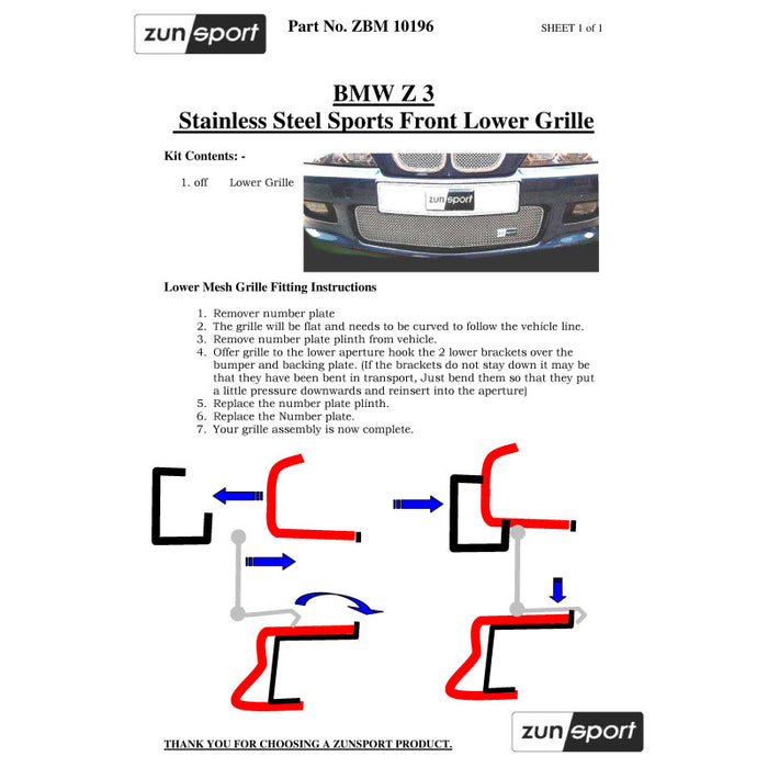 Bmw Z3 2.2 And 2.9 Models Lower Grille - Zunsport