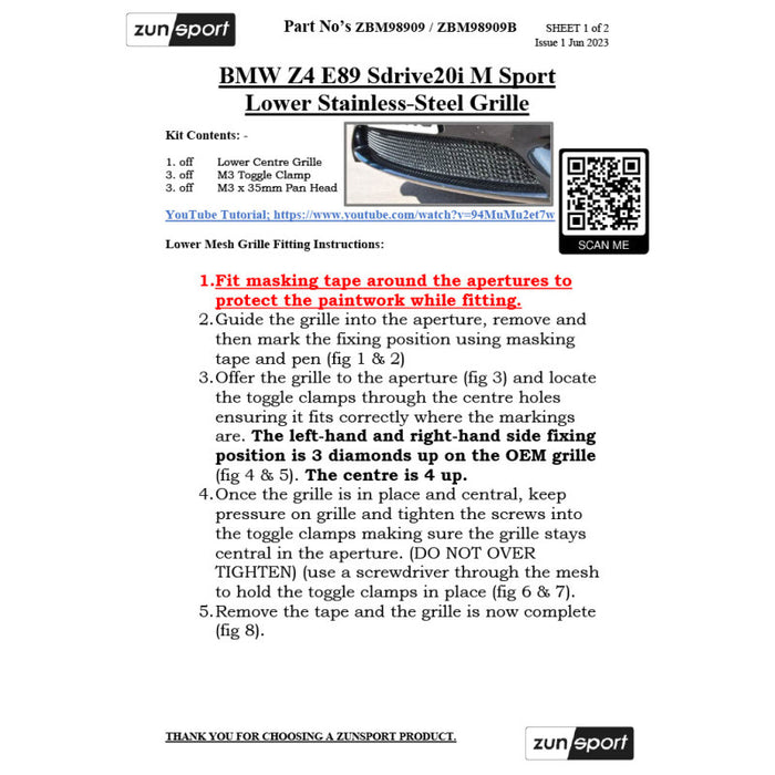 BMW Z4 E89 Sdrive20I M Sport - Front Grille Set - Zunsport