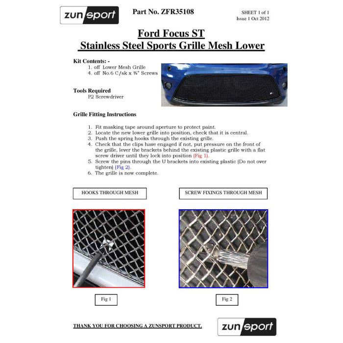 Ford Focus ST Full Lower Grille - Zunsport