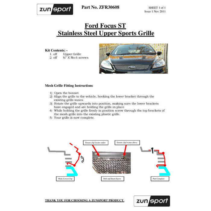 Ford Focus ST - Upper Grille - Zunsport