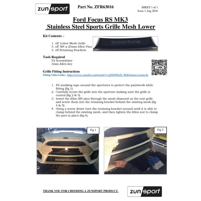 Ford Focus Rs Mk3 - Lower Grille - Zunsport