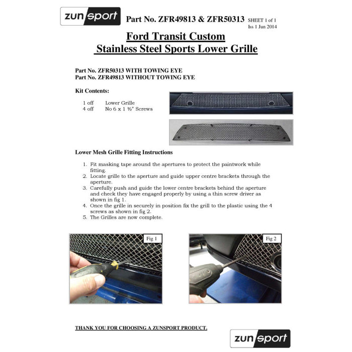Ford Transit Custom - Lower Grille (With Parking Sensor) - Zunsport