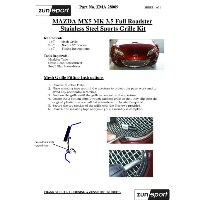 Mazda Mx5 Mk3.5 Roadster Front Lower Grille (Without Number Plate) - Zunsport