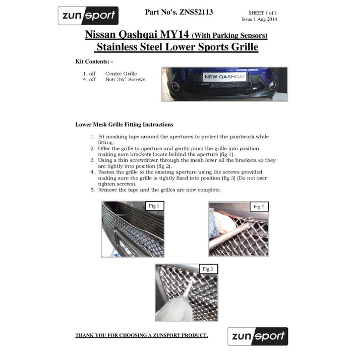Nissan Qashqai (2.0 Diesel With Parking Sensors) - Lower Grille - Zunsport