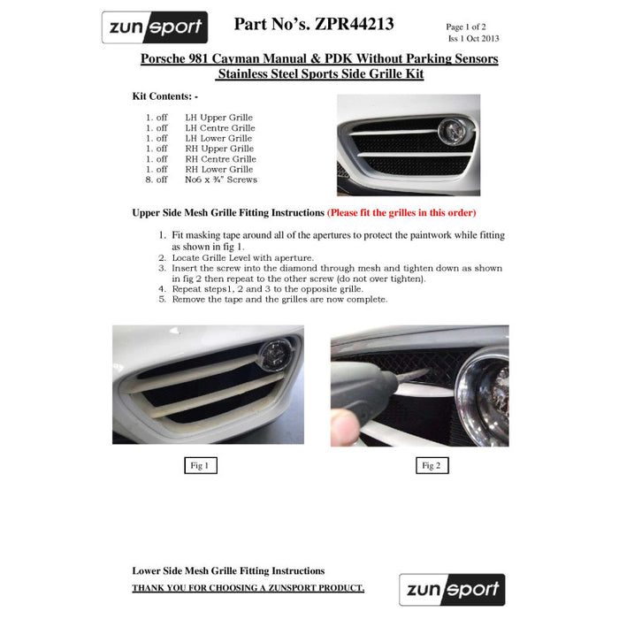 Porsche Cayman 981 (Manual/Pdk Without Sensors) - Complete Grille Set - Zunsport