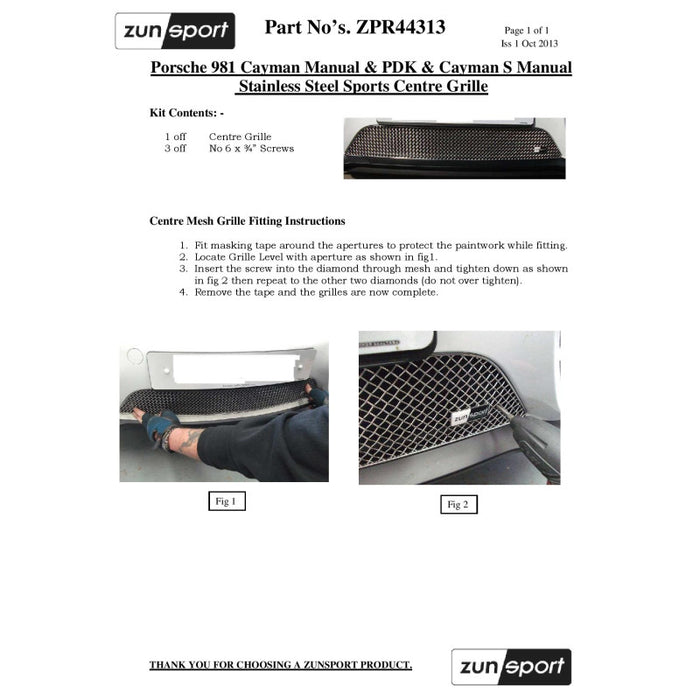 Porsche Cayman S 981 (Manual With Parking Sensors) - Front Grille Set - Zunsport