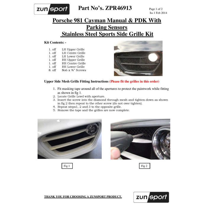 Porsche Cayman 981 (Manual/Pdk With Sensors) - Outer Grille Set - Zunsport