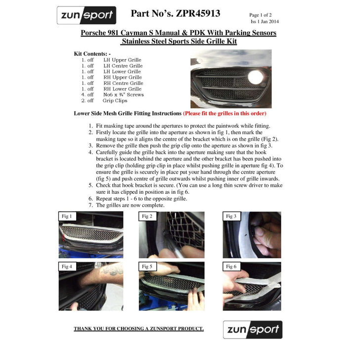 Porsche Cayman S 981 (Manual With Parking Sensors) - Front Grille Set - Zunsport