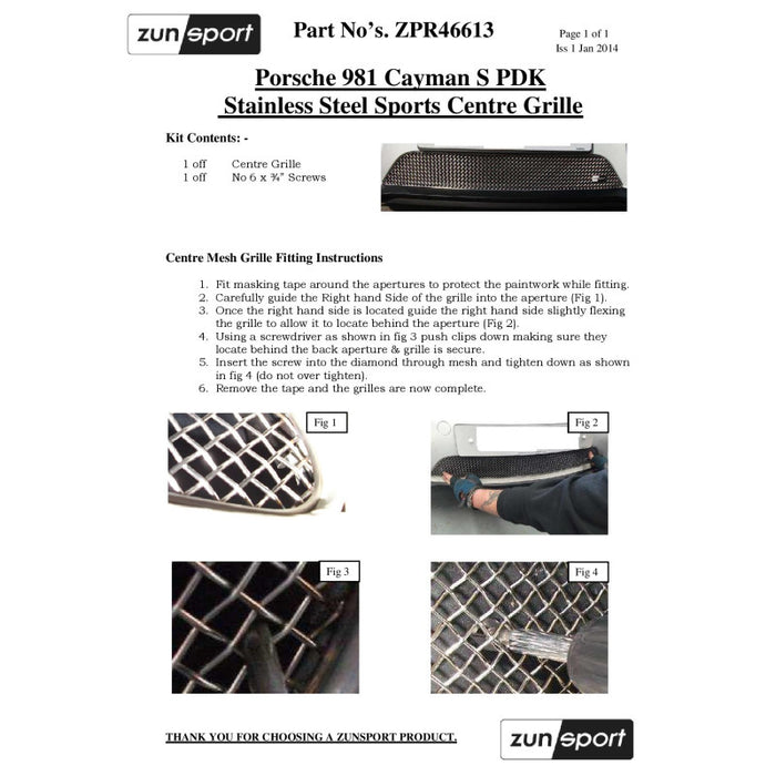 Porsche Cayman S 981 (Pdk) - Centre Grille - Zunsport