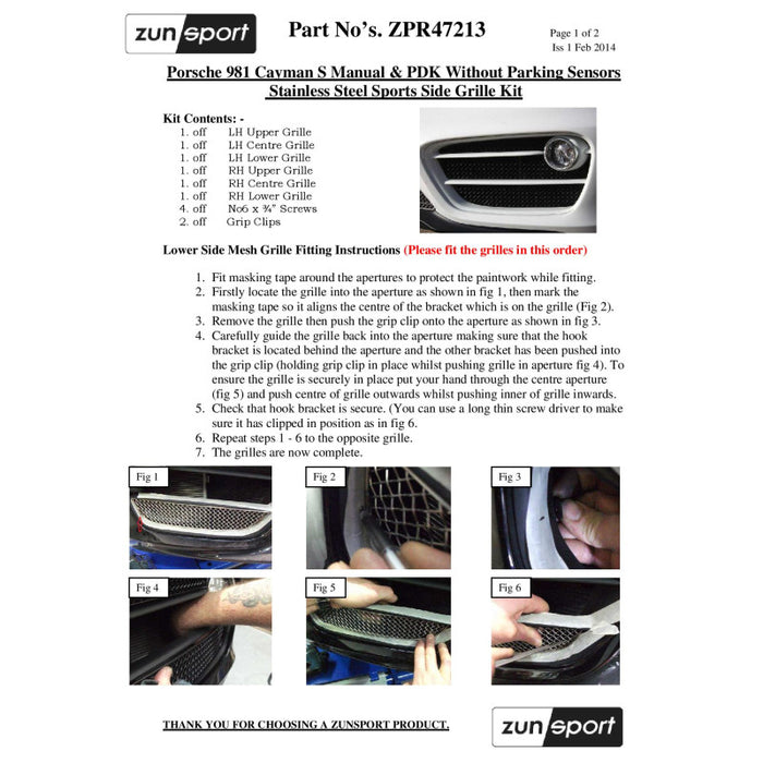 Porsche Cayman S 981 (Manual And Pdk Without Sensors) - Outer Grille Set - Zunsport