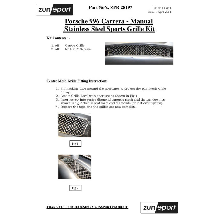 Porsche Carrera 996 (Manual) - Front Grille Set - Zunsport