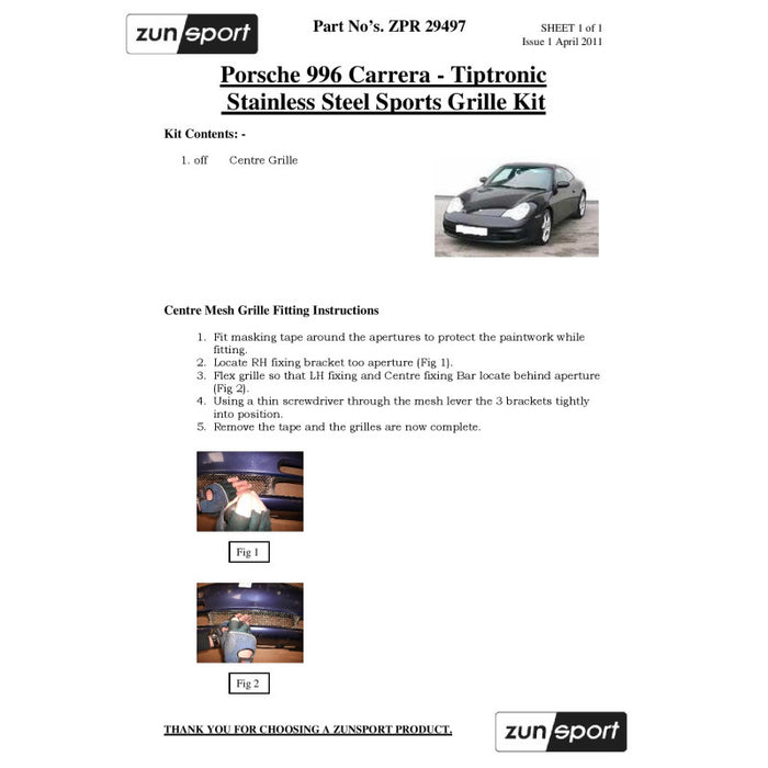 Porsche Carrera 996 Triptronic - Centre Grille - Zunsport