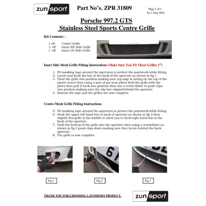 Porsche Carrera 997.2 Gts Centre Grille Set - Zunsport