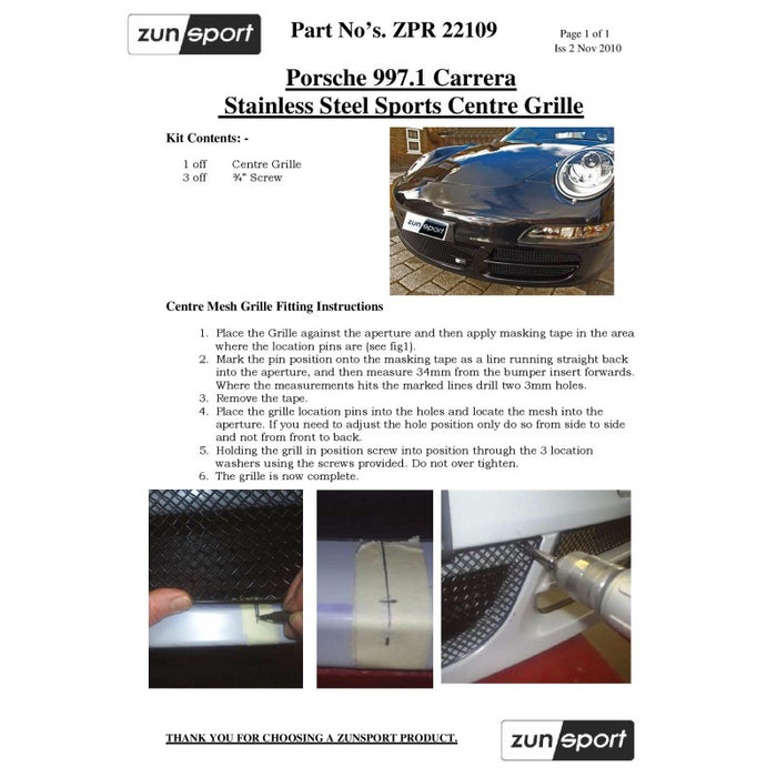 Porsche Carrera 997.1 + C4S - Centre Grille - Zunsport