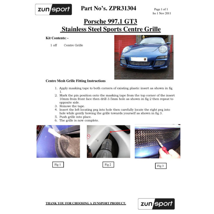 Porsche 997.1 Gt3 -Front Grille Set - Zunsport