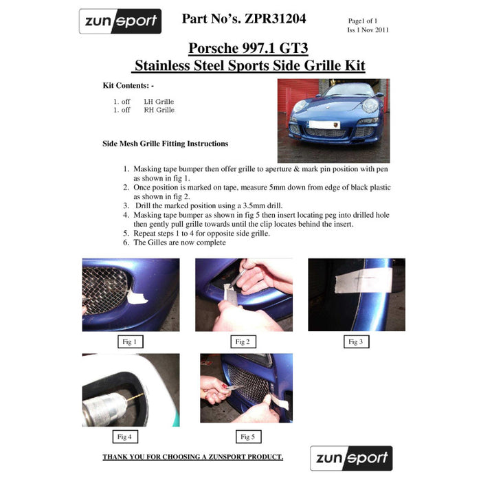 Porsche 997.1 Gt3 -Front Grille Set - Zunsport