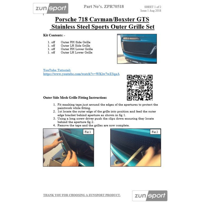 Porsche 718 Boxster / Cayman Gts - Outer Grille Set - Zunsport
