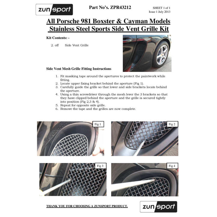 Porsche Cayman S 981 (Pdk With Sensors) - Complete Grille Set - Zunsport