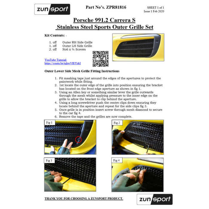 Porsche Carrera S 991.2 - Front Grille Set - Zunsport