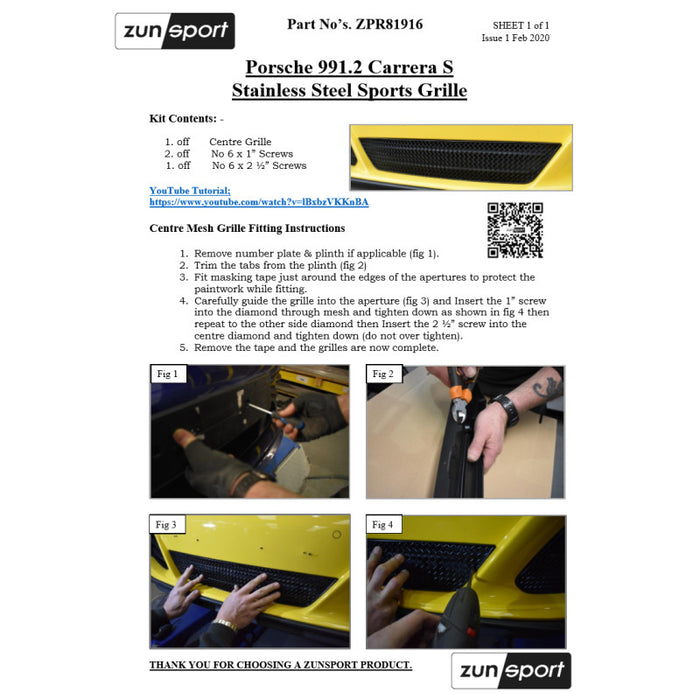 Porsche Carrera S 991.2 - Front Grille Set - Zunsport
