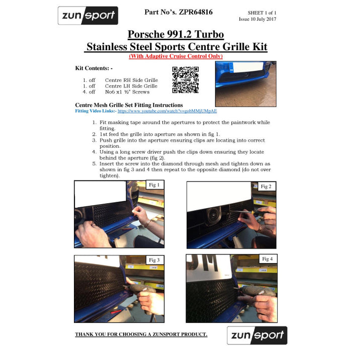Porsche Carrera 991.2 Turbo And Turbo S - Centre Grille Set (Acc) - Zunsport