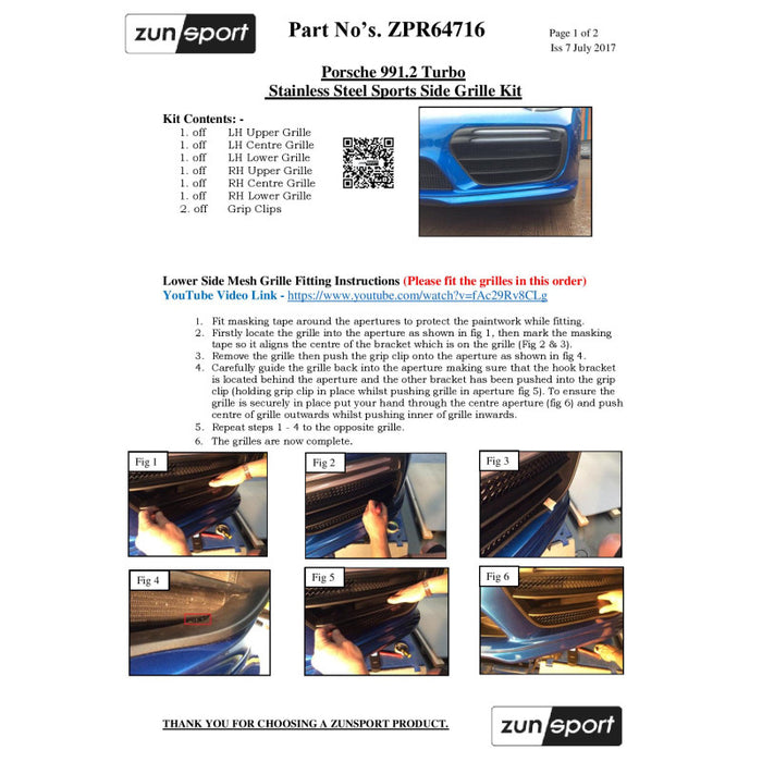 Porsche Carrera 991.2 Turbo And Turbo S - Outer Grille Set - Zunsport