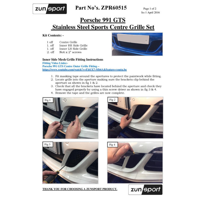 Porsche 991.1 Gts - Full Grille Set (Without Parking Sensors) - Zunsport