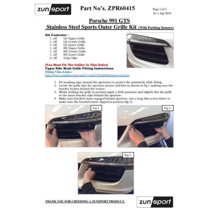 Porsche 991.1 Gts - Outer Grille Set (With Parking Sensors) - Zunsport