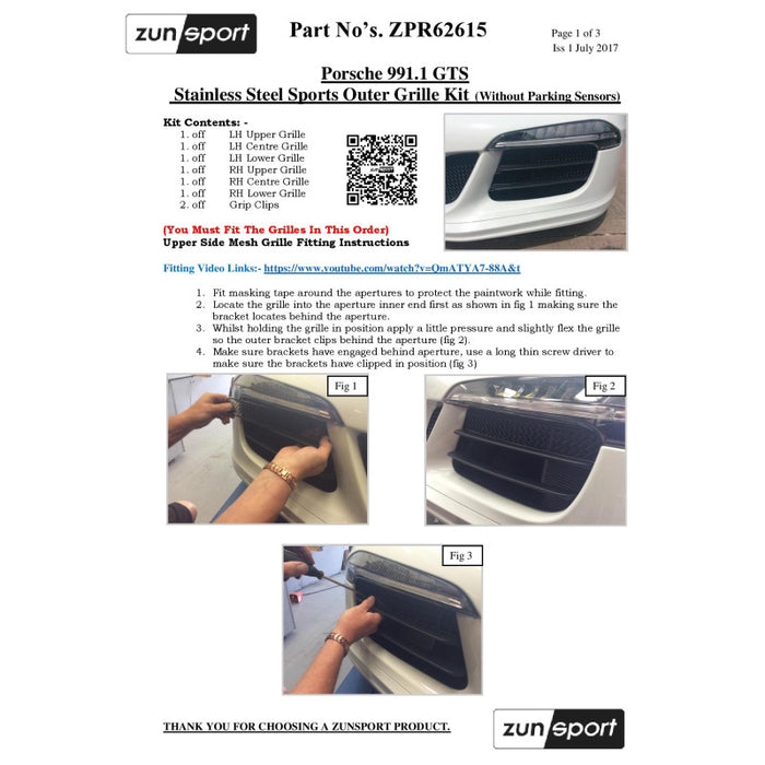 Porsche 991.1 Gts - Full Grille Set (Without Parking Sensors) - Zunsport