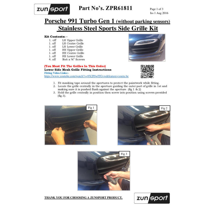 Porsche 991 Turbo Gen 1 - Outer Grille Set (Without Parking Sensors) - Zunsport