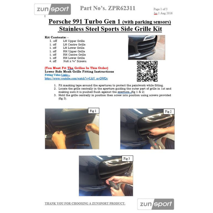 Porsche Carrera 991.1 Turbo (With Parking Sensors) - Full Grille Set - Zunsport