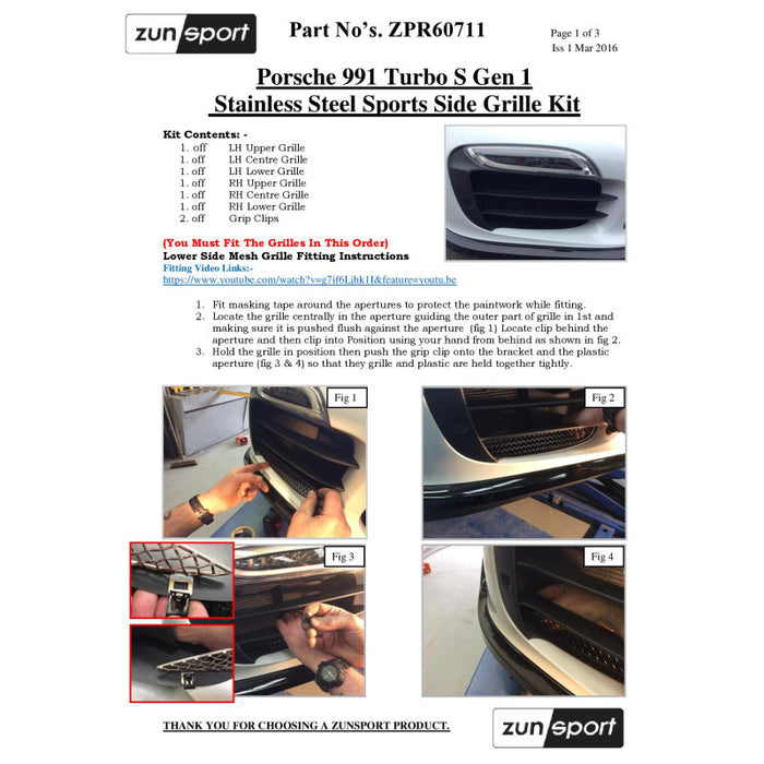 Porsche 991 Turbo S Gen 1 - Full Grille Set - Zunsport