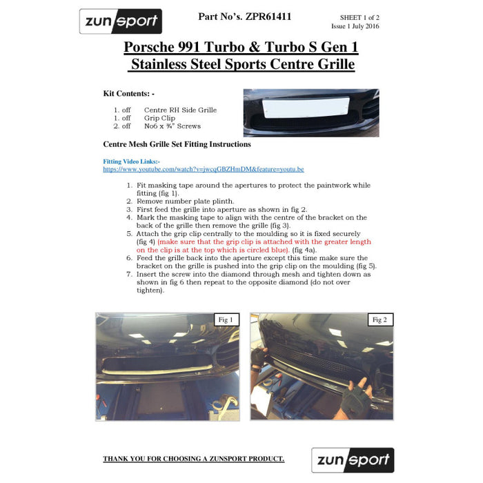 Porsche 991 Turbo Gen 1 - Full Grille Set (Without Parking Sensors) - Zunsport