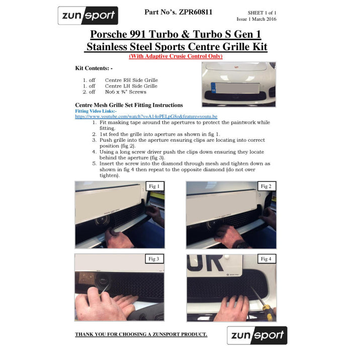 Porsche Carrera 991.1 Turbo (Acc) (With Parking Sensors) - Full Grille Set - Zunsport