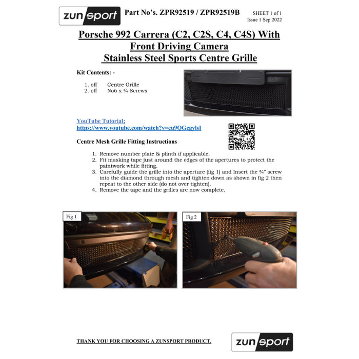 Porsche Carrera 992 (C2,C2S,C4,C4S) - Centre Grille With Front Driving Camera - Zunsport