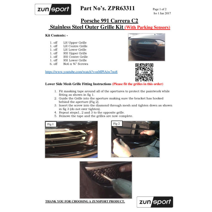 Porsche 991 Carrera C2 - Outer Grille Set (With Parking Sensors) - Zunsport