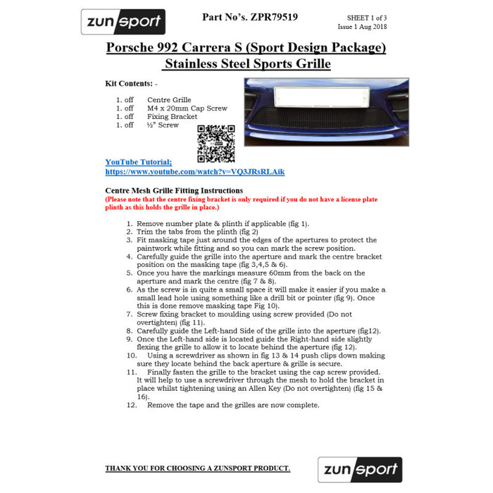 Porsche 992 Carrera (Sport Design Package) - Front Grille Set - Zunsport