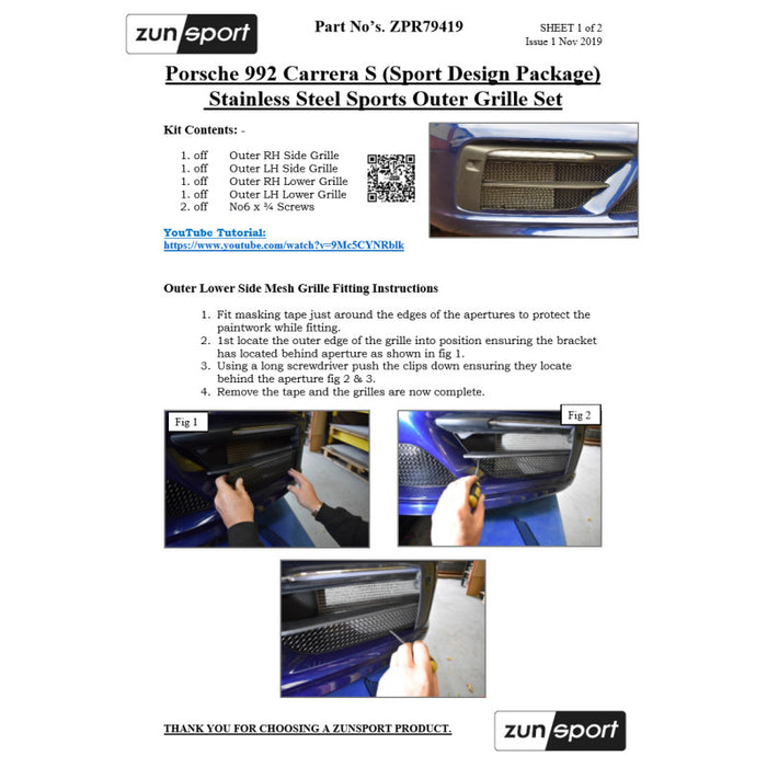 Porsche Carrera 992 (Sport Design Package) With Front Driving Camera - Front Grille Set - Zunsport