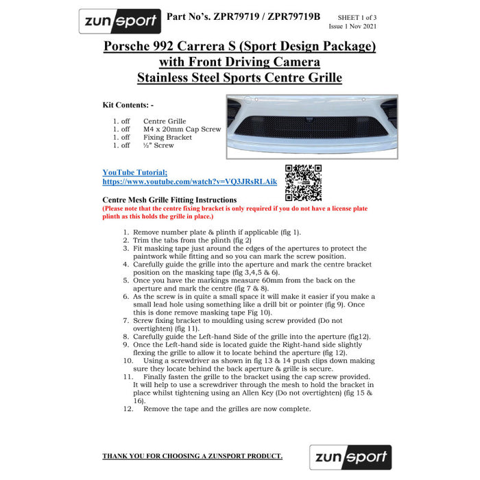 Porsche Carrera 992 (Sport Design Package) With Front Driving Camera - Front Grille Set - Zunsport