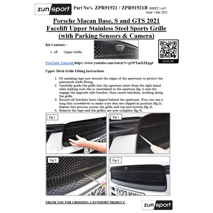 Porsche Macan S And Gts 2021 Facelift / 2022 With Driving Camera - Upper Grille - Zunsport