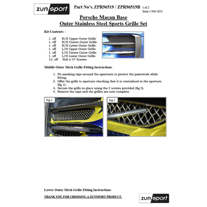 Porsche Macan Base 19-21 - Front Grille Set - Zunsport