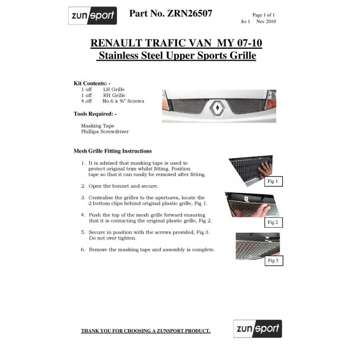 Renault Trafic - Top Grille Set - Zunsport