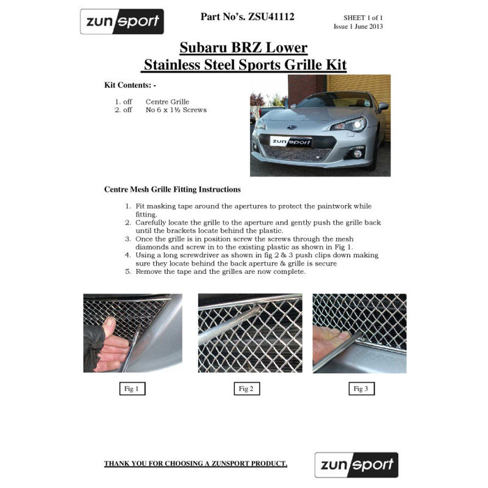 Subaru Brz -Lower Grille - Zunsport