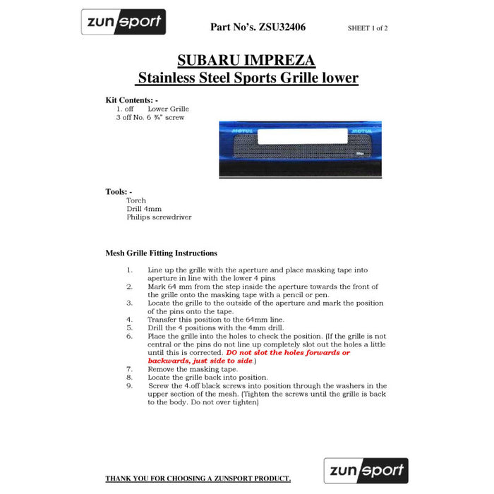 Subaru Impreza Hawkeye - Front Grille Set With Full Lower Grille - Zunsport
