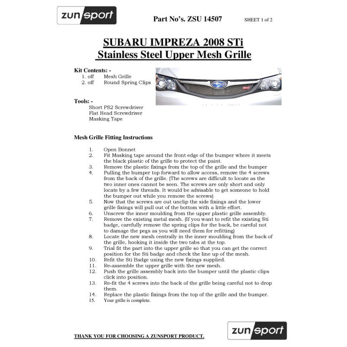 Subaru Impreza Sti 2008 My - Top Grille - Zunsport
