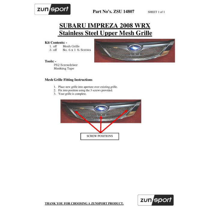 Subaru Impreza Wrx 2008 My - Full Grille Set - Zunsport