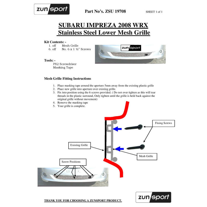Subaru Impreza Wrx 2008 My - Full Grille Set - Zunsport