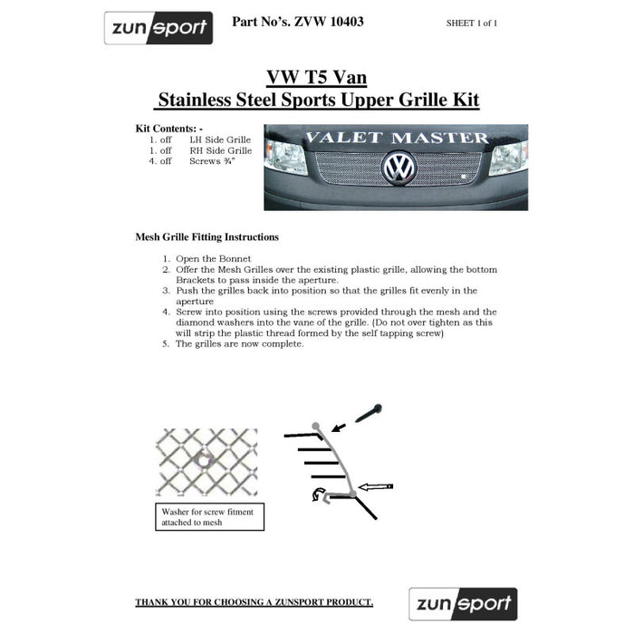 Volkswagen T5 Top Grille Set - Zunsport